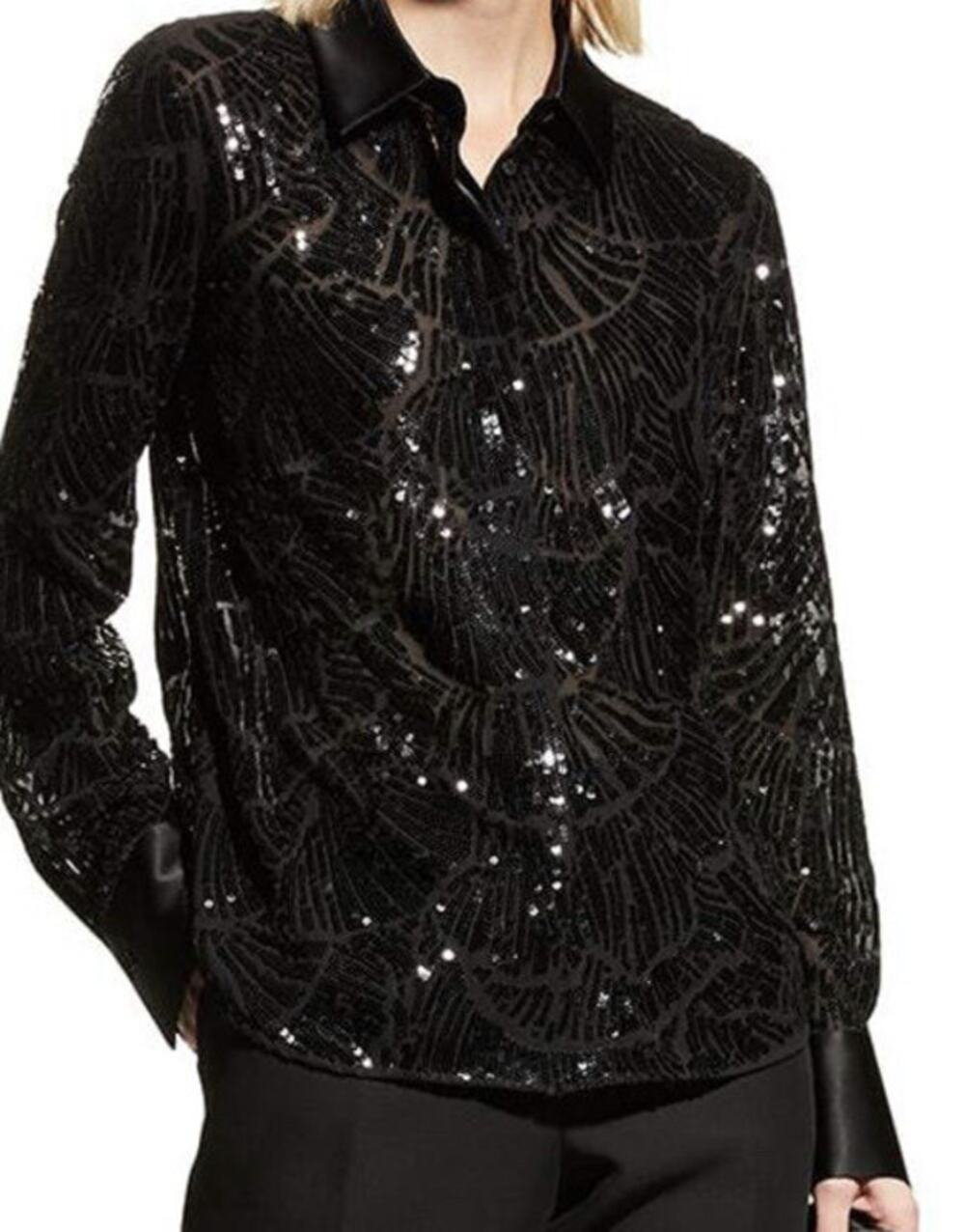 Lafayette 148 Scottie XXL Black Sequin Chiffon Evening Blouse NWT Collar Luxury